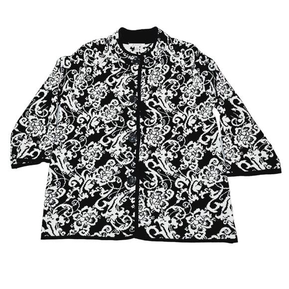 JM Collection Womens Size L Black White Floral Design Knit Large Button Cardigan - Picture 1 of 10